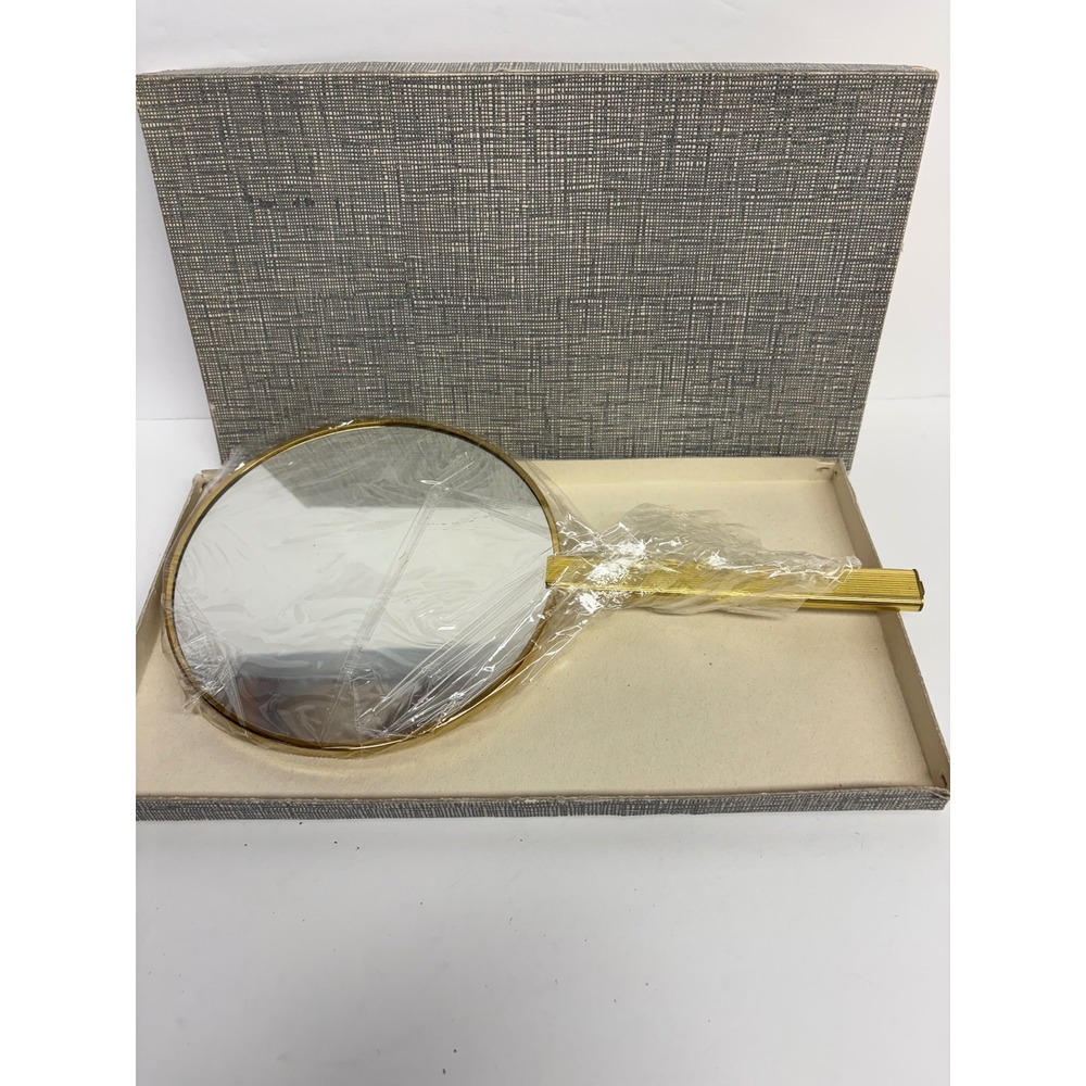 Vintage Golg Tone Vanity Hand Mirror Triple Magnifying West Germany New